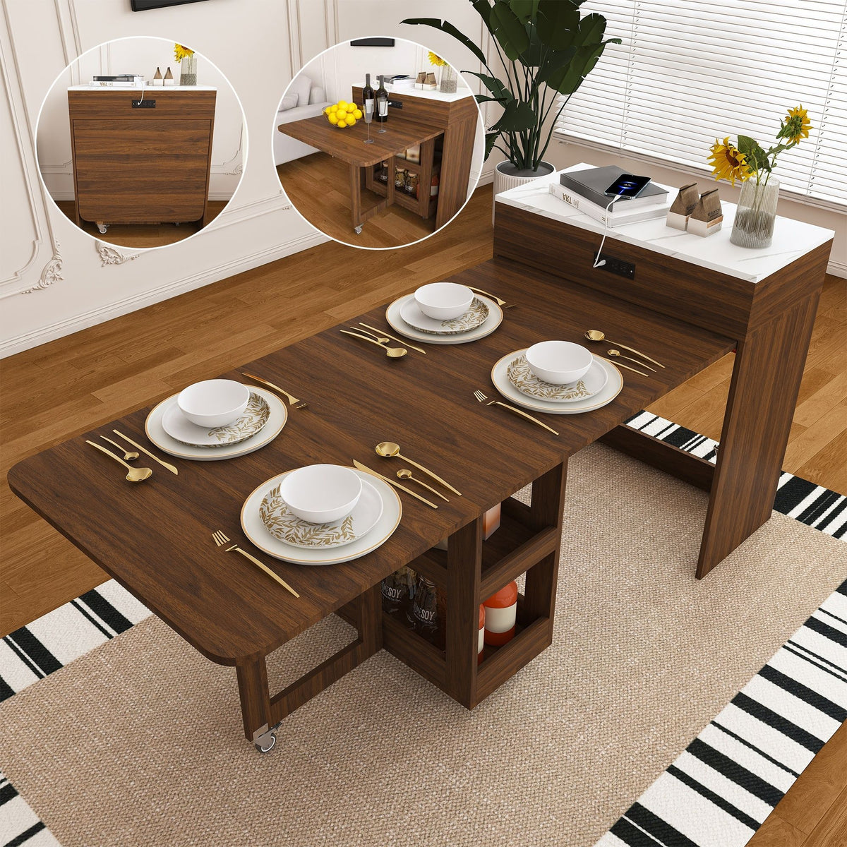 Extendable Dining Table With Power Socket, Lockable Casters, Storage Cabinet, Pull Out Kitchen Island - Natural Walnut
