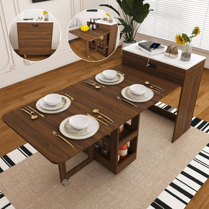 Extendable Dining Table With Power Socket, Lockable Casters, Storage Cabinet, Pull Out Kitchen Island - Natural Walnut