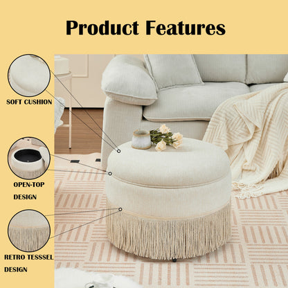 Round Storage Ottoman With Tassel, Decorative Accent Pouf For Living Room