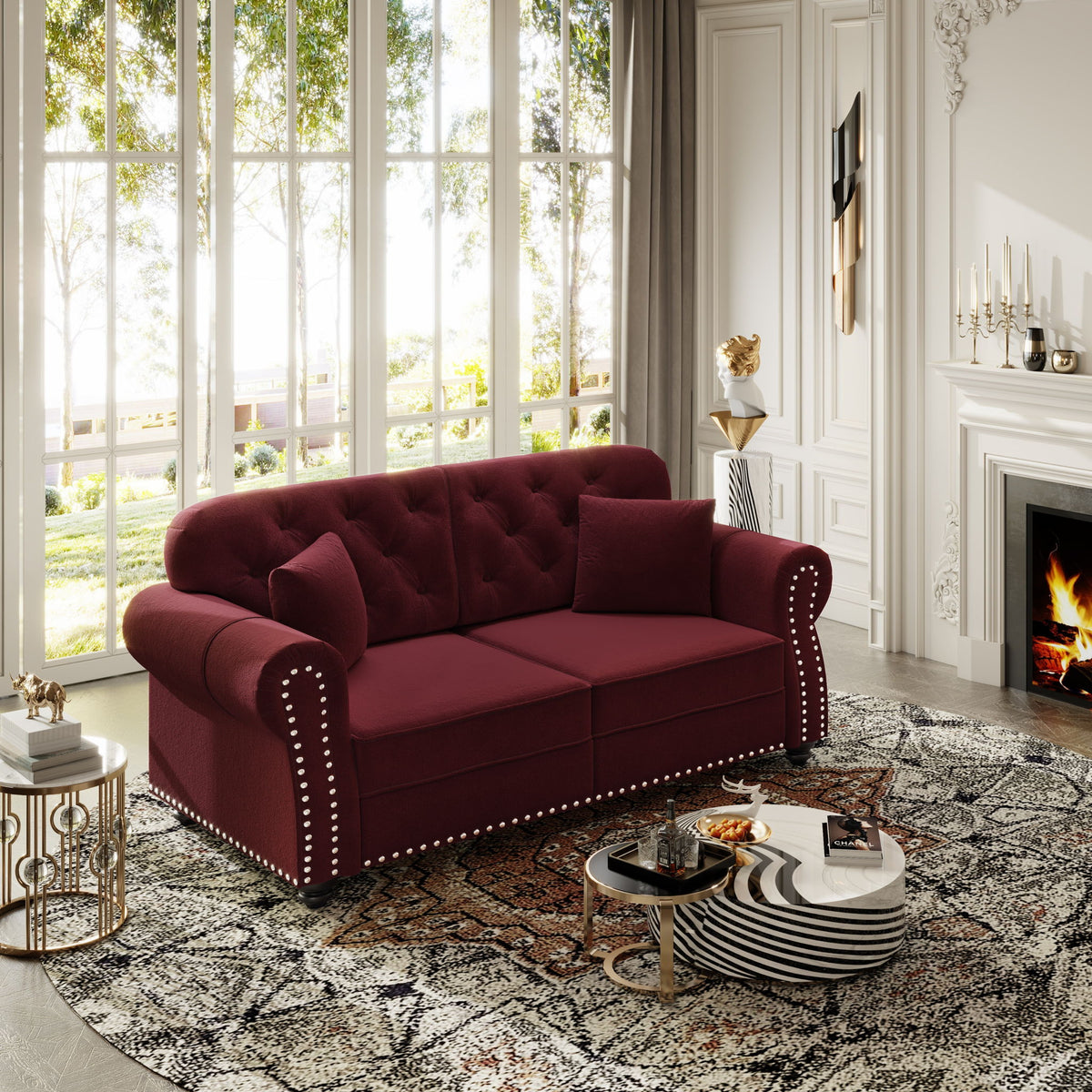 Upholstered Chesterfield Sofa With Nailhead Trim And Rolled Armrests