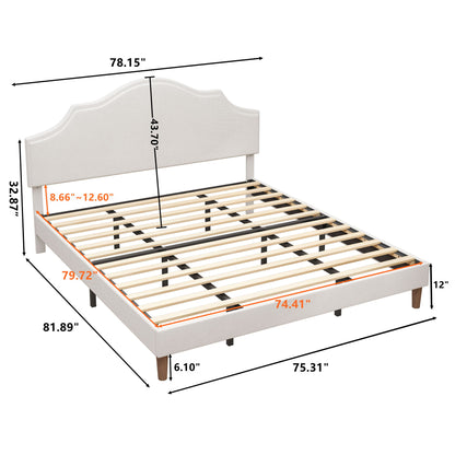 King Size, Upholstered Platform Bed Frame With Adjustable Headboard, No Box Spring Needed - White