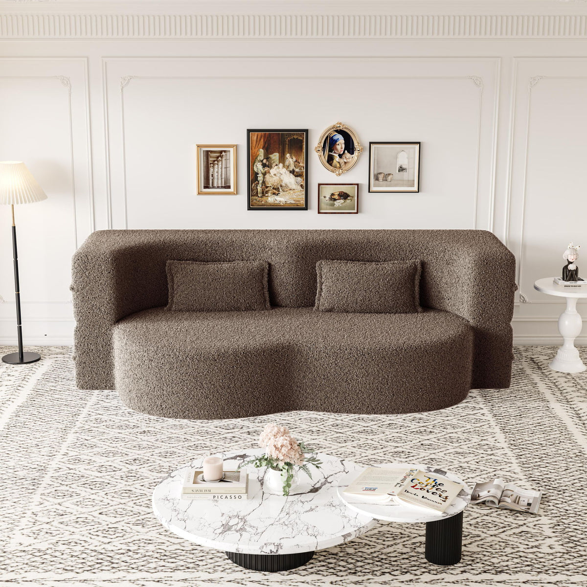 Modern Floor Sofa, With 2 Pillows, Convertible Teddy Fabric Foam Filled Bed