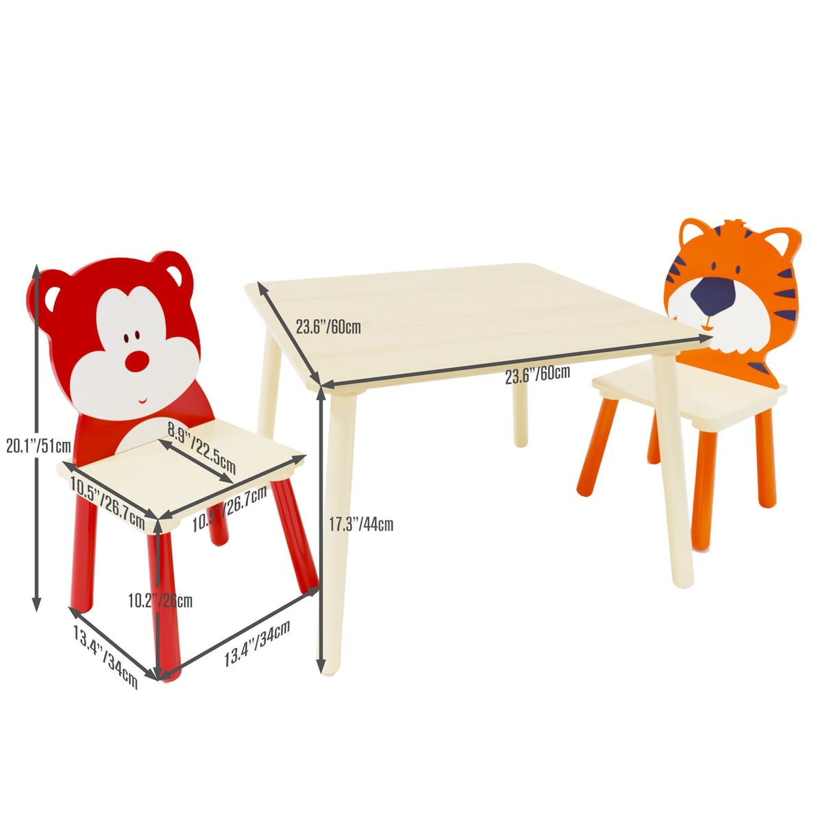 Table And 2 Chairs Set, Activity Play Table Set With Bear & Tiger Design - Natural