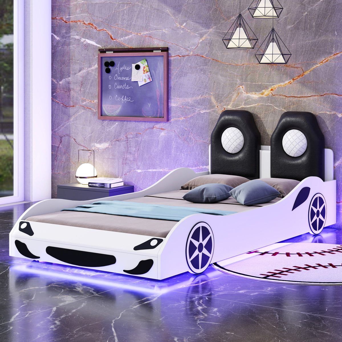 Race Car Shaped Platform Bed With LED And Upholstered Backrest In