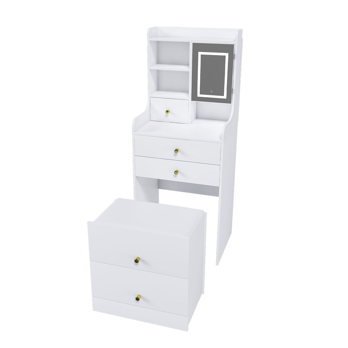 3 In 1 Dressing Table With LED Mirror & Storage Stool, Compact Makeup Vanity - White
