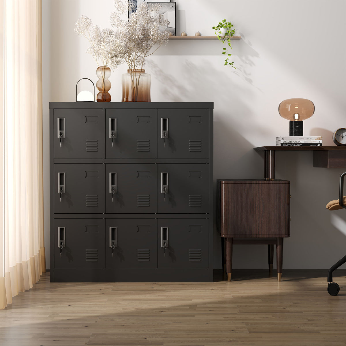9 Door Employee Storage Locker With Card Slot, Lockers For Office, Gym, School, And Home - Black
