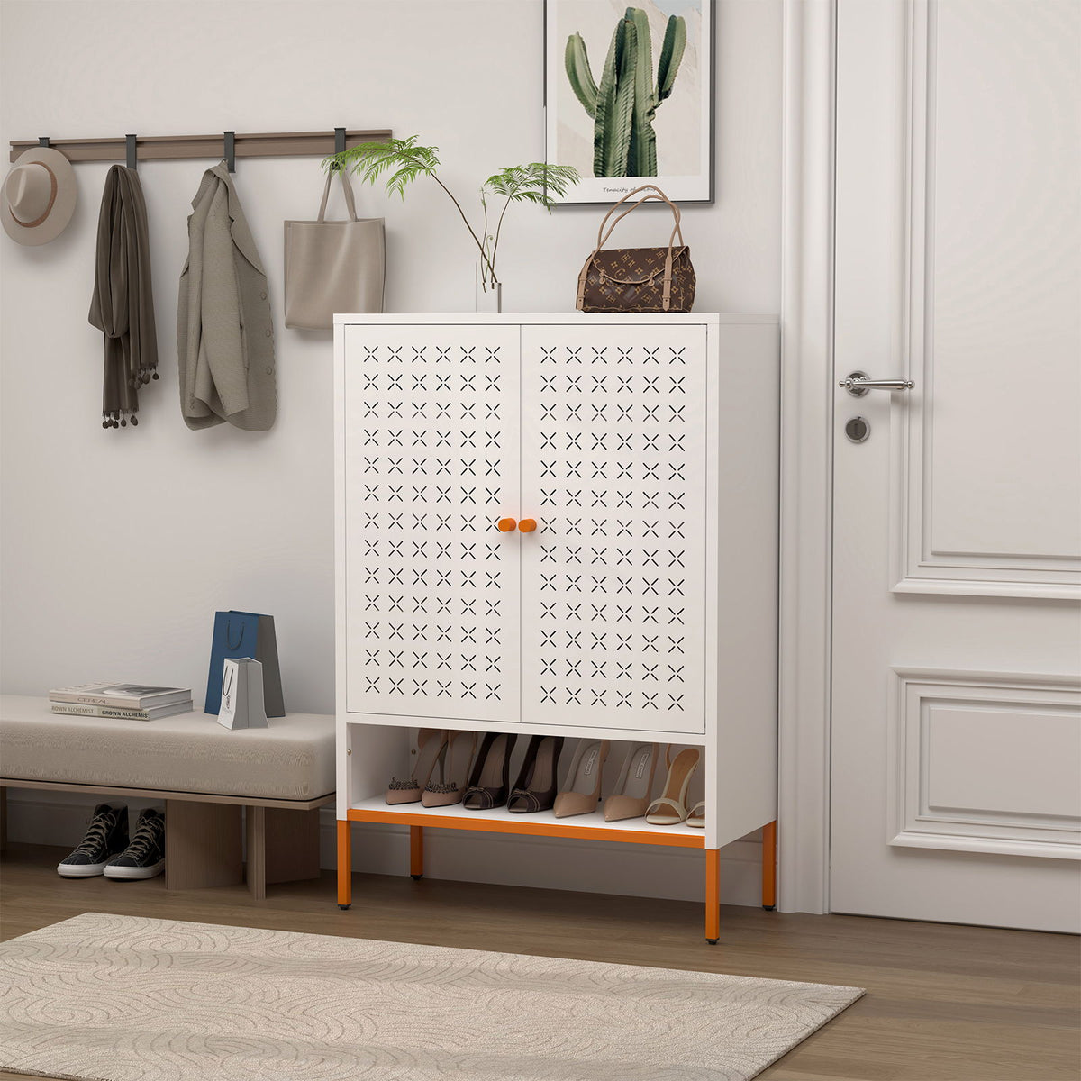 Grid Double Door Shoe Cabinet With Adjustable Compartments And Moisture-Proof Design In Metal