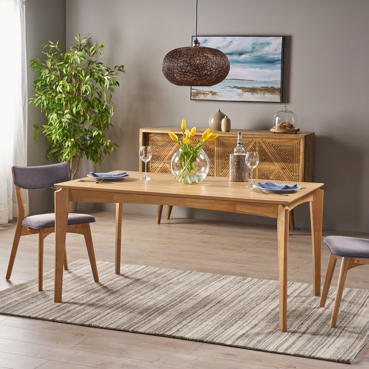 Mid Century Dining Table, Rubberwood With Walnut Veneer - Natural Oak