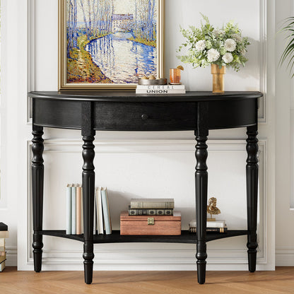 Half Moon Console Table With Drawer & Shelf Accent Table For Entryway - Black