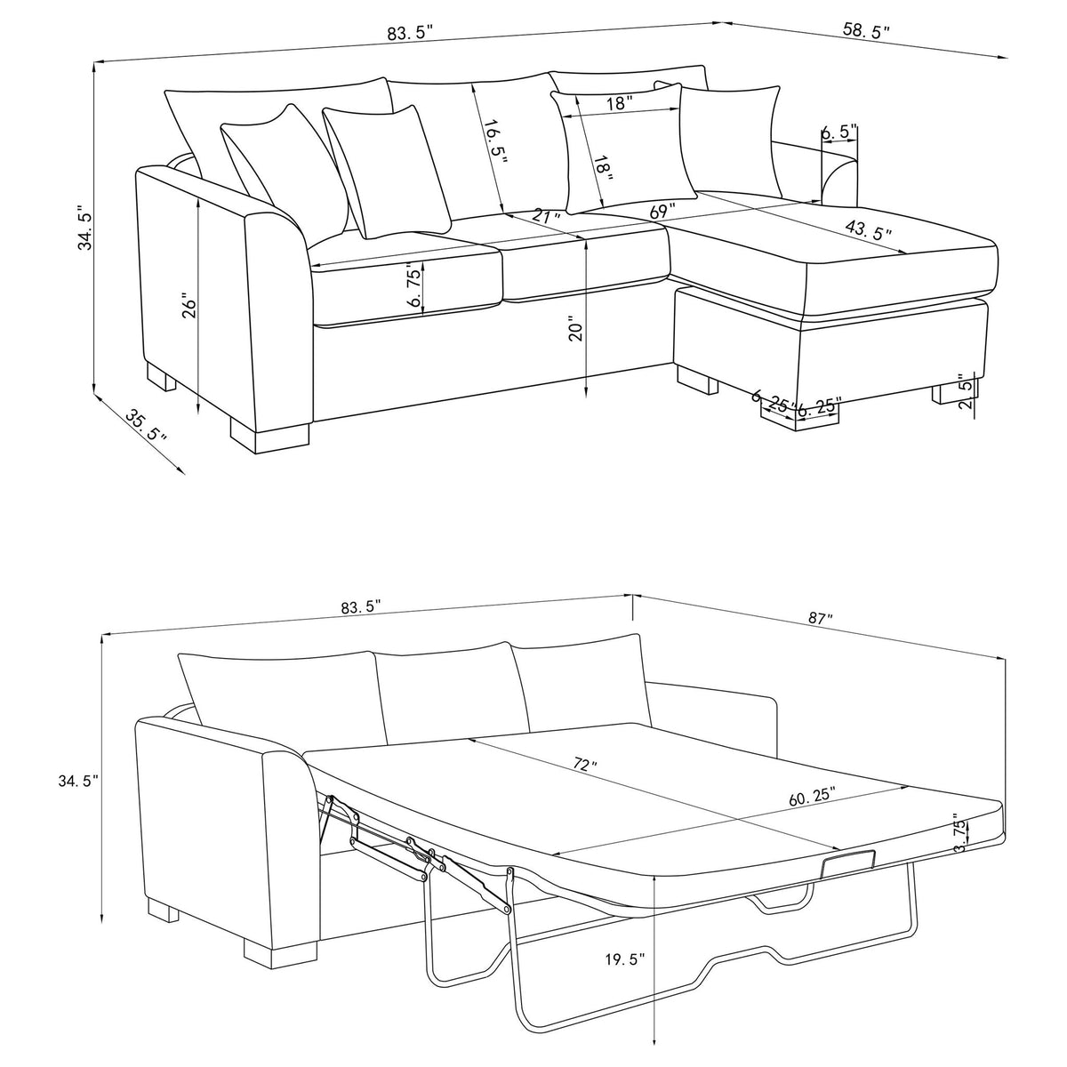 Pacheco - Upholstered Sleeper Sectional Chaise Sofa With Pocket Coils And Reversible Cushions - Dark Gray