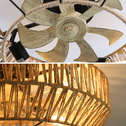 22" Caged Ceiling Fan With DC Motor, 6 Speeds Remote Control For Living Room - Rattan