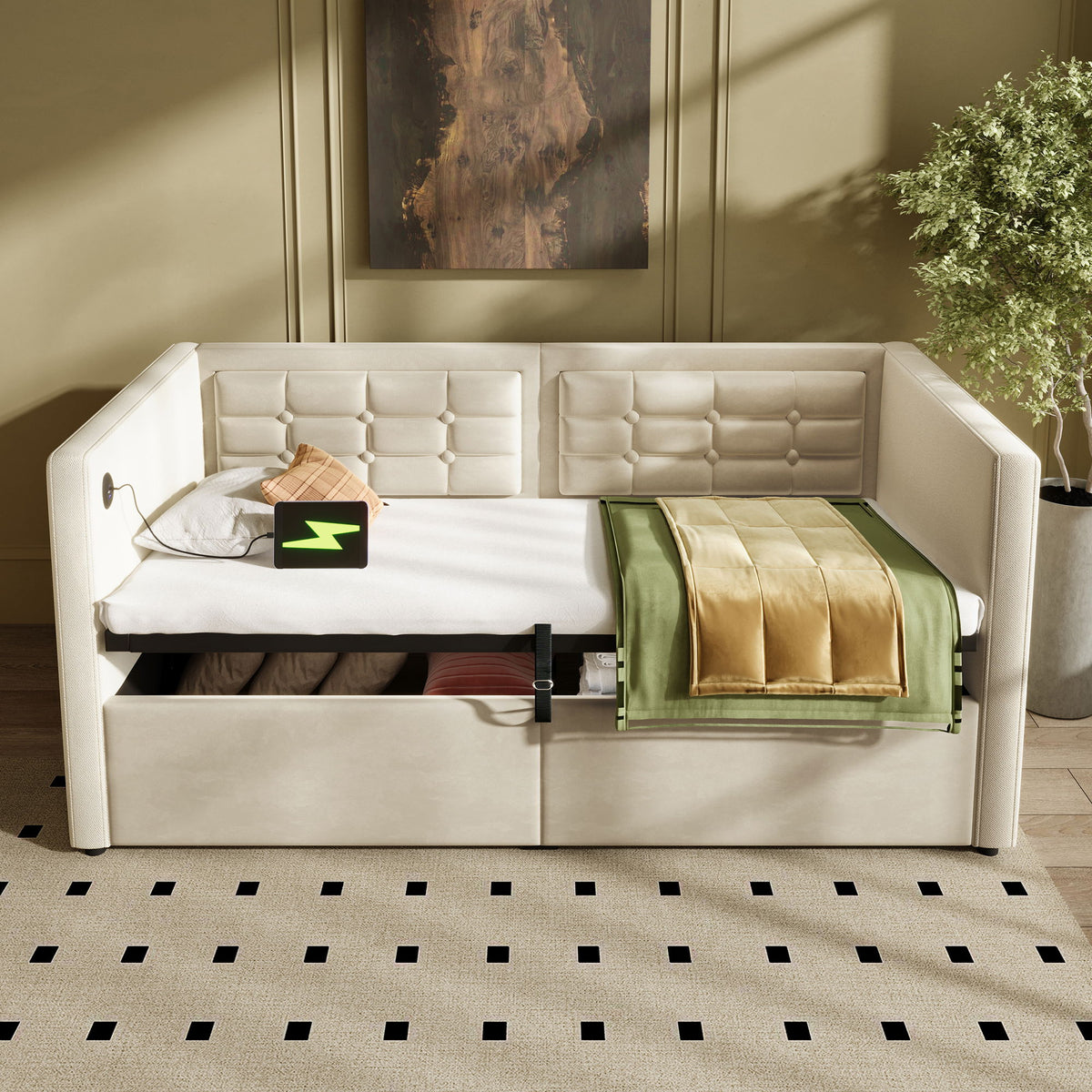 Upholstered Hydraulic Storage Daybed With USB & Type C Charging