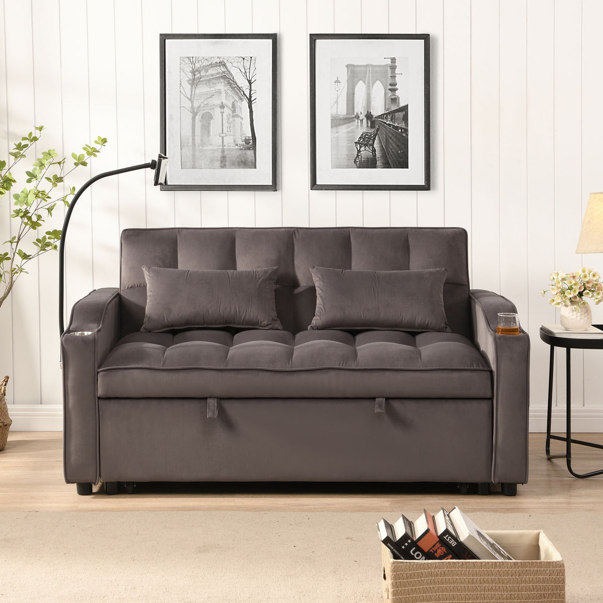Modern Loveseat Futon Sofa With Pullout Bed, Adjustable Reclining Backrest, Toss Pillows