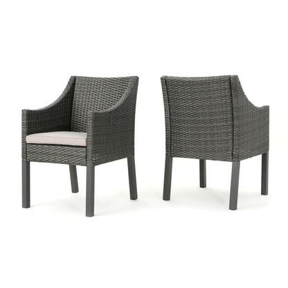 Outdoor Rattan Dining Chair With Straight Legs And Sloped Arms (Set of 2) - Gray / Silver