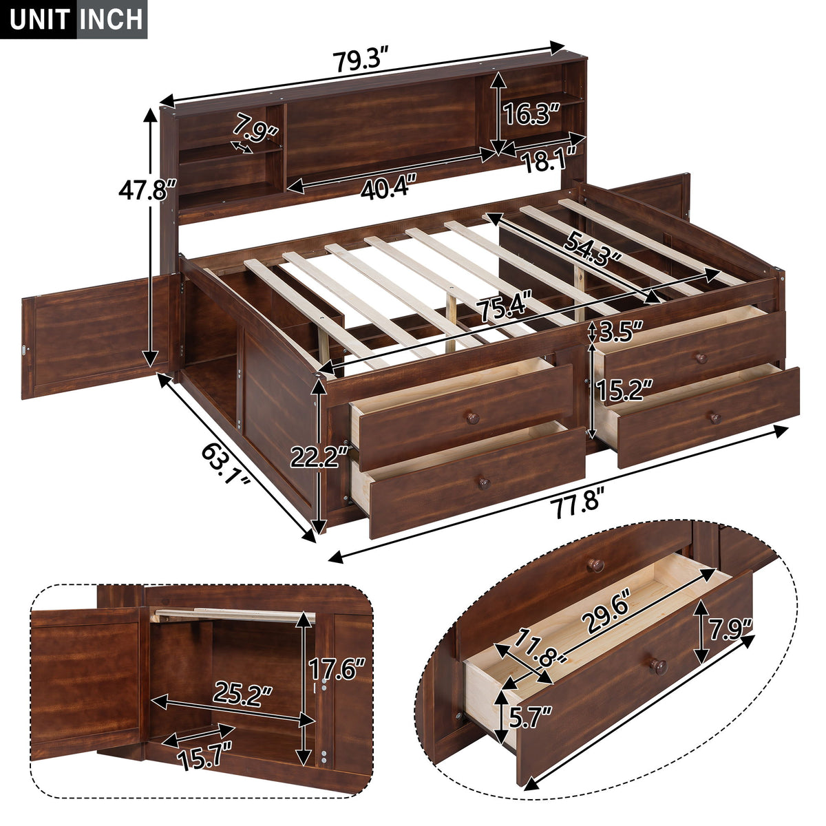 Full Size Captain Bed With Built In Storage Shelves, 4 Drawers And 2 Cabinets - Antique Brown