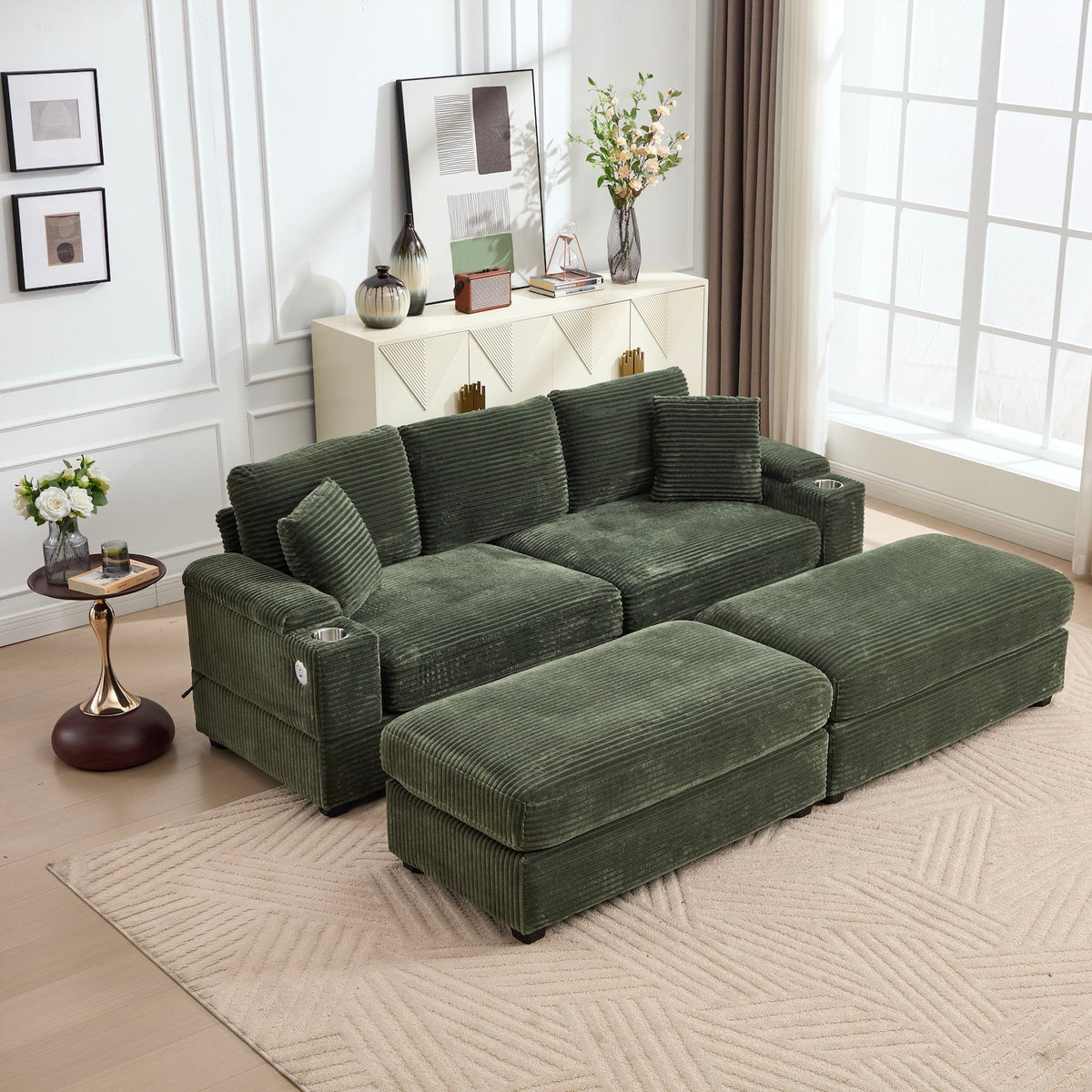 Convertible Sectional Sofa Bed Set With Armrest Storage, Cup Holder, USB, 4 Seater - Green