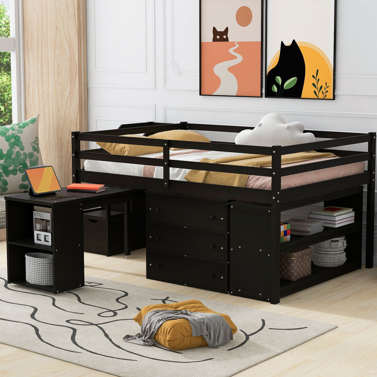 Loft Bed With Retractable Writing Desk And 3 Drawers With Storage Stairs And Shelves