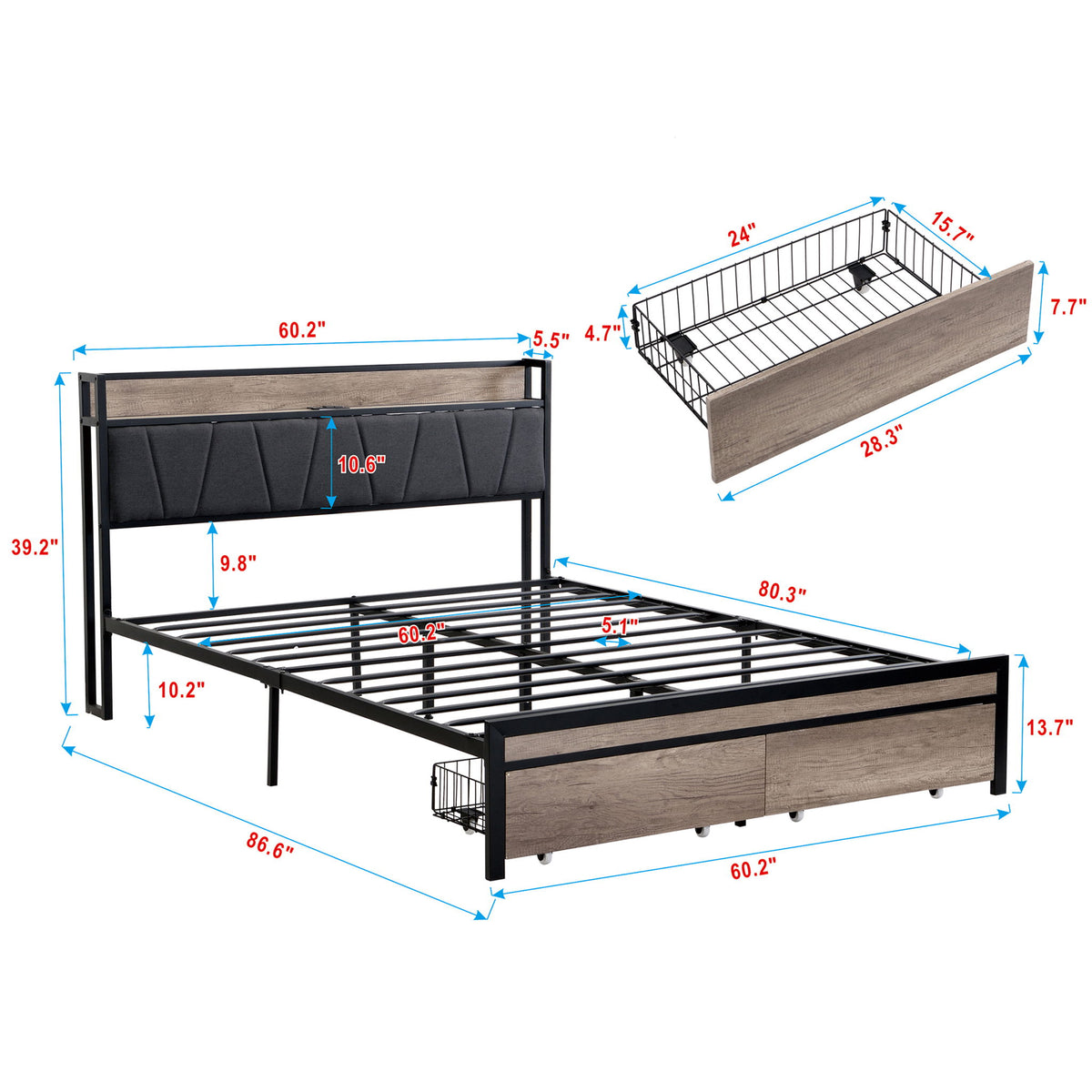 Modern Bed Frame With LED Lights, Upholstered Headboard, USB Charging
