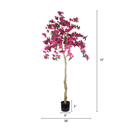 Artificial Bougainvillea Tree, Realistic Faux Potted Plant For Indoor Home Decor - Dark Pink / Green Leaves
