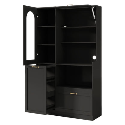 Tall Freestanding Kitchen Pantry Cabinet With Arched Glass Door