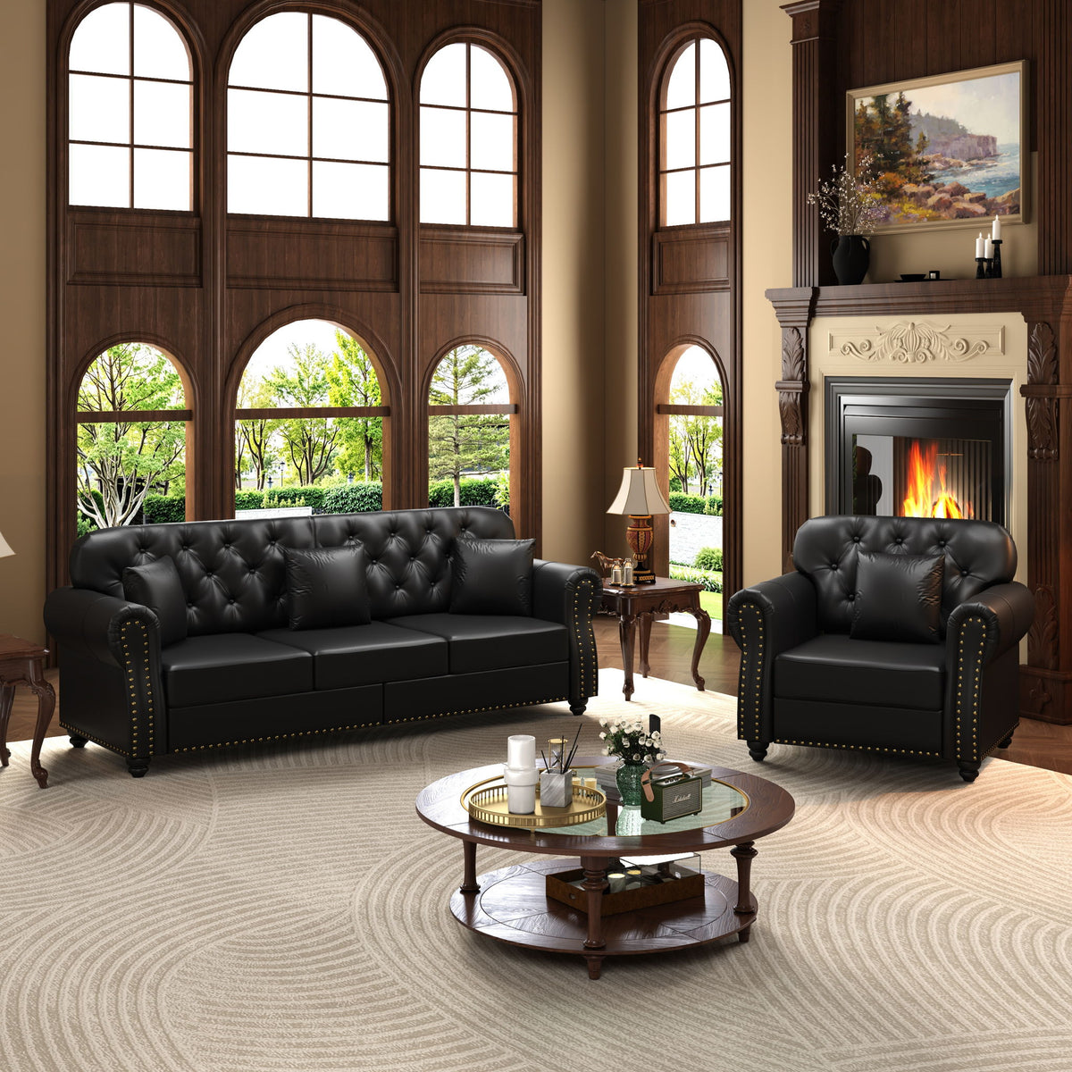 Upholstered Sofa With Nailhead Trim, Rolled Armrests With Ottoman