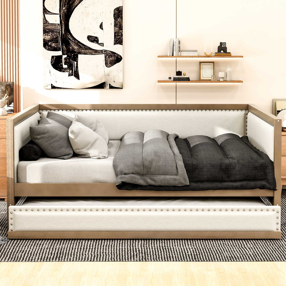 Full Size Daybed With Trundle And Nailhead Decoration - Wood
