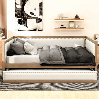 Full Size Daybed With Trundle And Nailhead Decoration - Wood