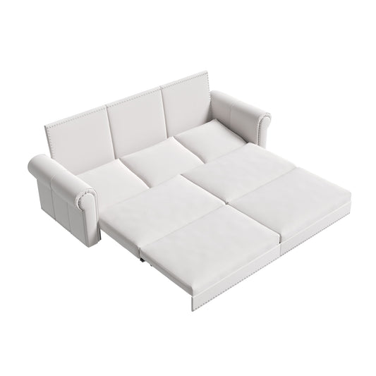 King Pull Out Sofa Bed, Chesterfield Sofa, 3 In 1 Velvet Convertible Sleeper Sofa With Nailhead Trim & Rolled Arm, Multifunctional Sofa Bed For Living Room - Beige