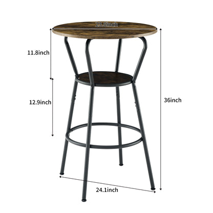 Rustic Brown Round Bar Table And Stool Set With Shelf, Upholstered Stool With Backrest - Antique Brown
