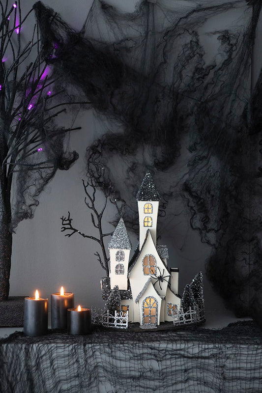 Cardboard Lighted Haunted House, Tabletop Holiday Halloween Decor, Battery Powered - Beige / Black