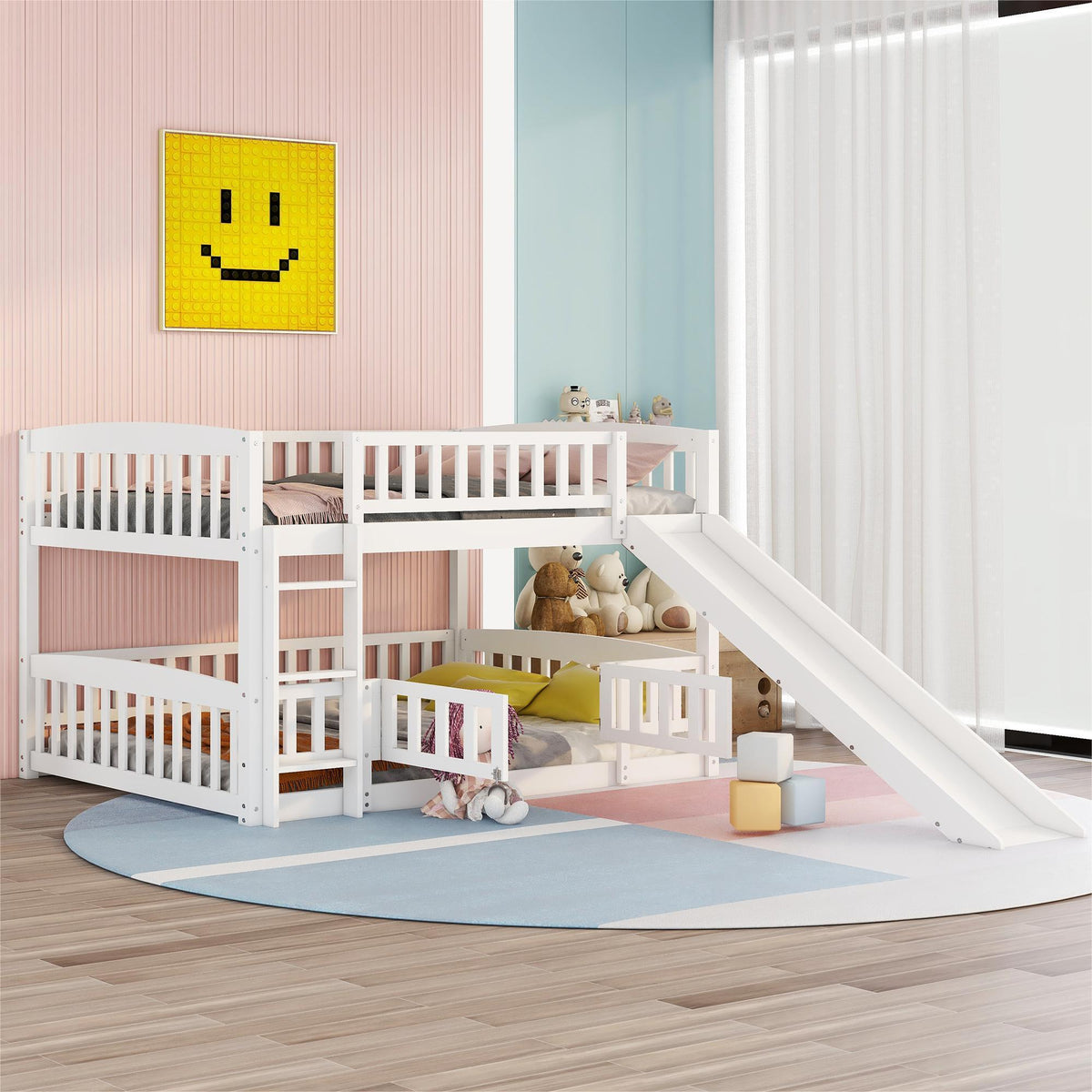 Low Bunk Bed With Slide, Fence And Ladder