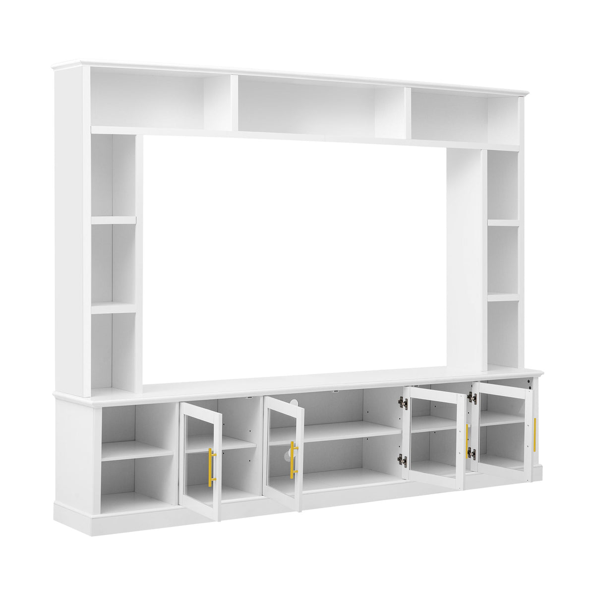 All-In-One Entertainment Center With Bookshelves & Tempered Glass Doors, TV Console Unit For Living Room