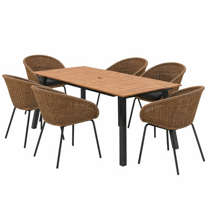 7 Piece Outdoor Patio Dining Set For 6, Conversation Set With Table & 6 Armchairs - Brown