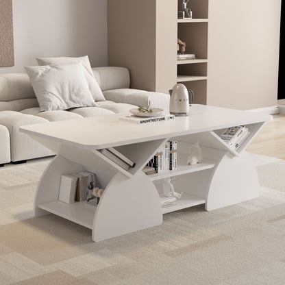 Geometric Engineered Coffee Table With Rounded Corners With Open Shelves