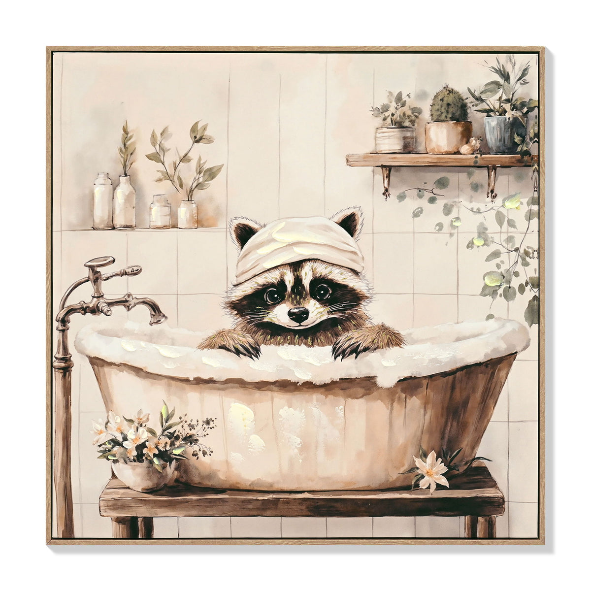 Raccoon Bathroom Canvas Wall Art, Funny Animal, Framed - Black / Ivory