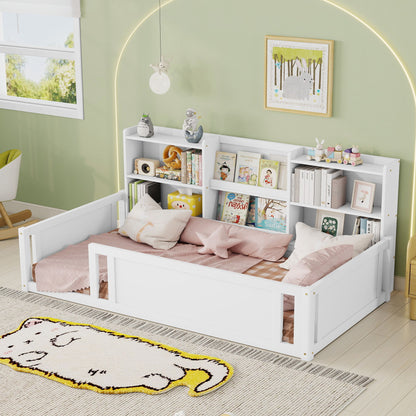Platform Floor Bed With Guardrail Fence And Side Storage Shelves