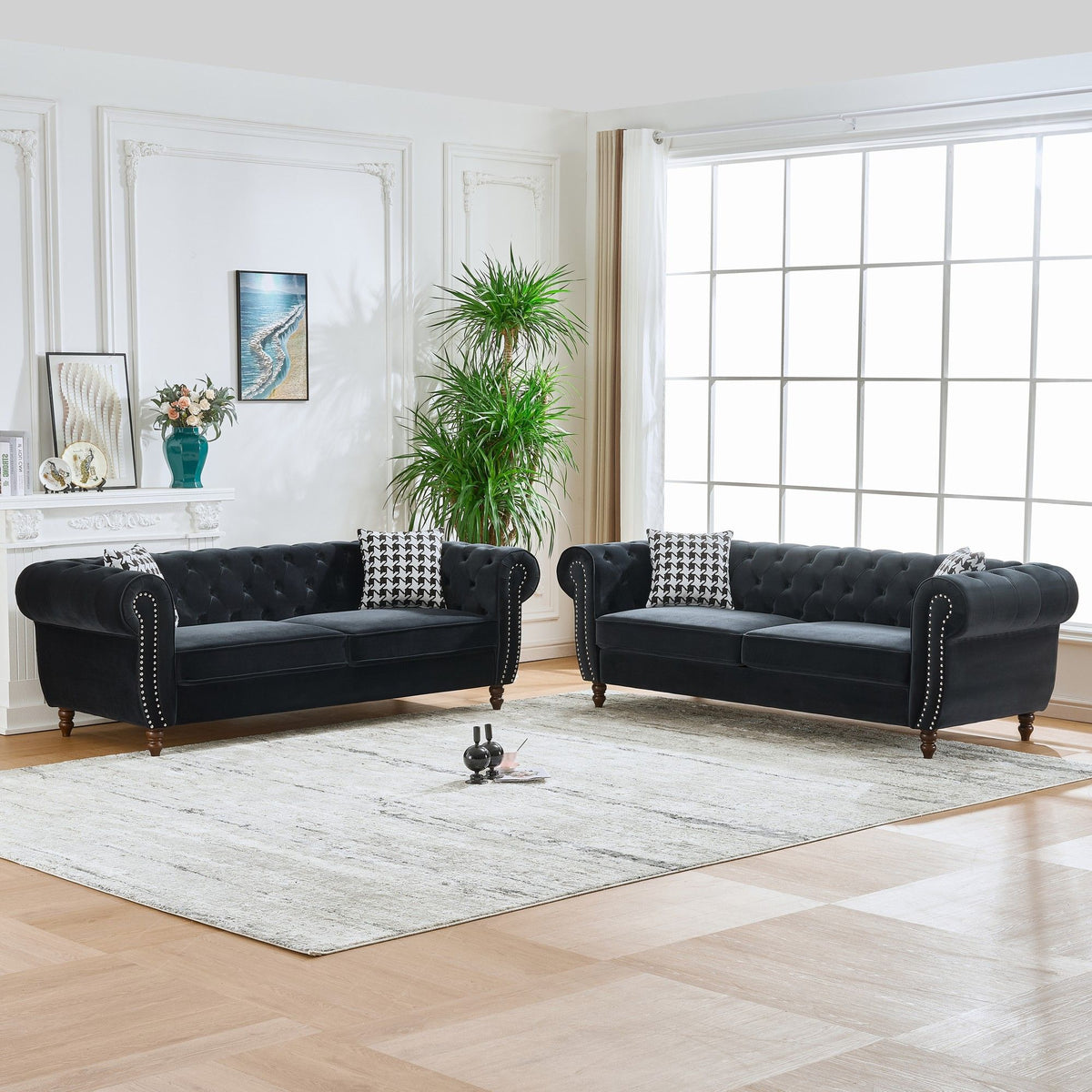 Chesterfield Upholstery Fabric Sofa With Roll Armrest & Nailhead, Mid Century Modern 3 And 3 Seater Couch