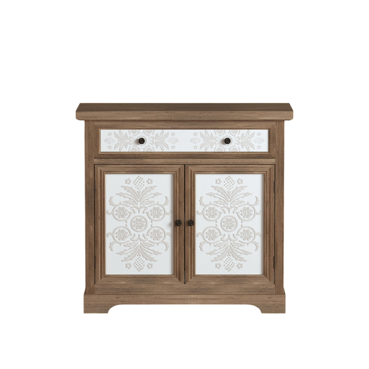 Accent Cabinet With Carved Floral Panels, Sideboard With Drawer And Double Doors - Antique Brown / White