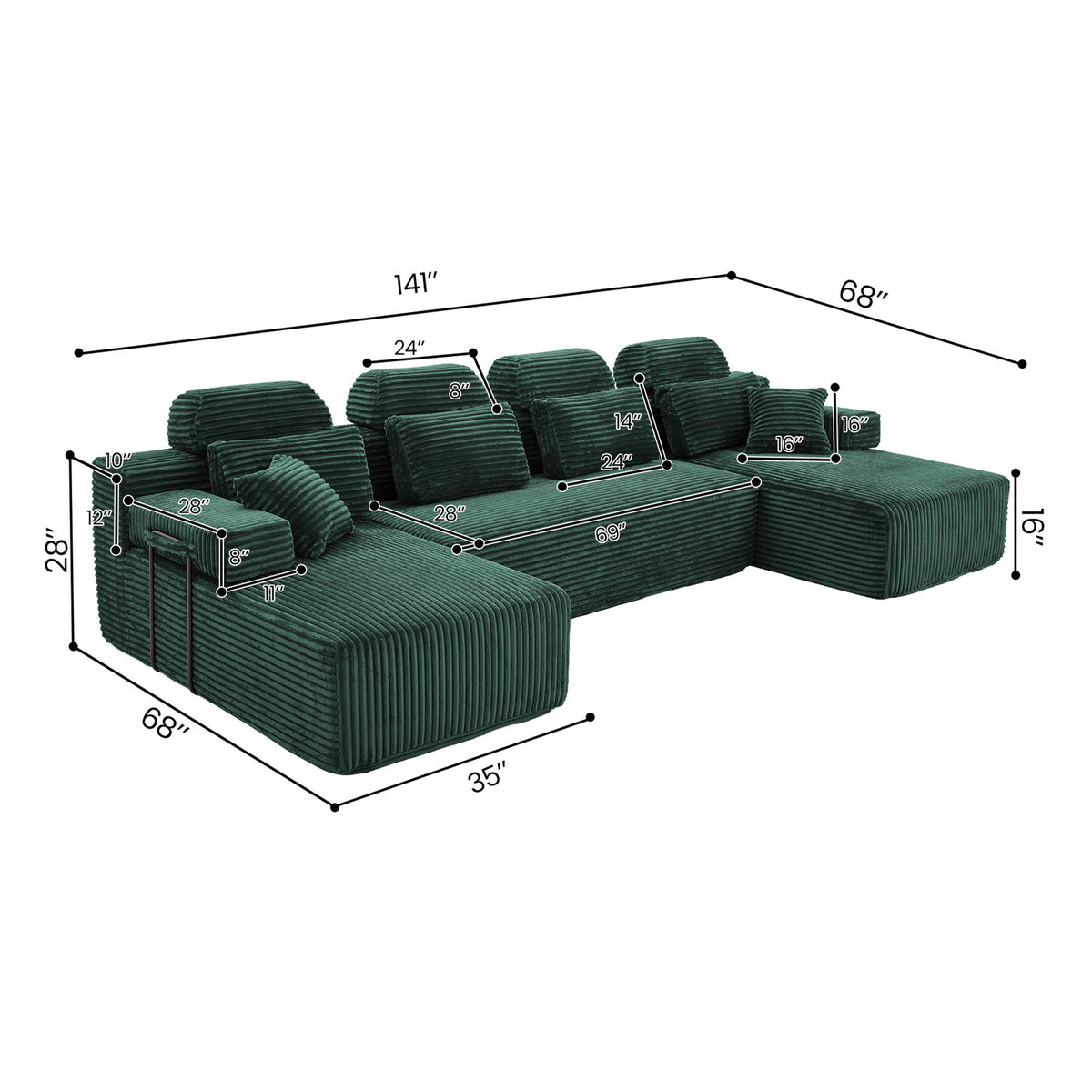 Sectional Sleeper Sofa & Storage Pockets, Modular Couch With Throw Pillows For Living Room