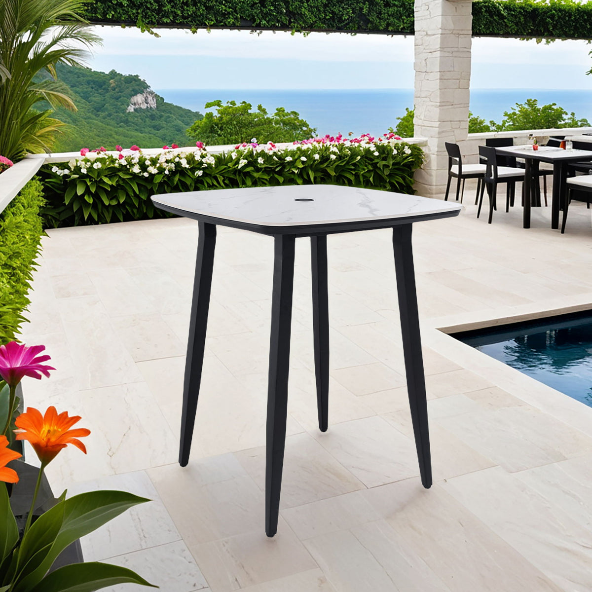 Outdoor Bar Table, Rounded Square Sintered Stone Top With Umbrella Hole, Rust Free Frame, Weatherproof - Ember Black / White