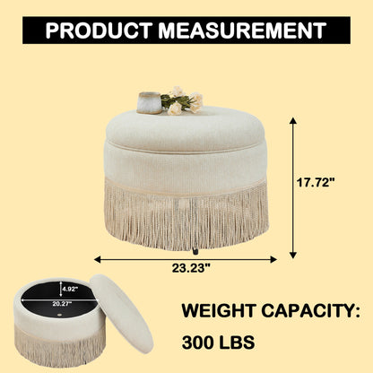 Round Storage Ottoman With Tassel, Decorative Accent Pouf For Living Room