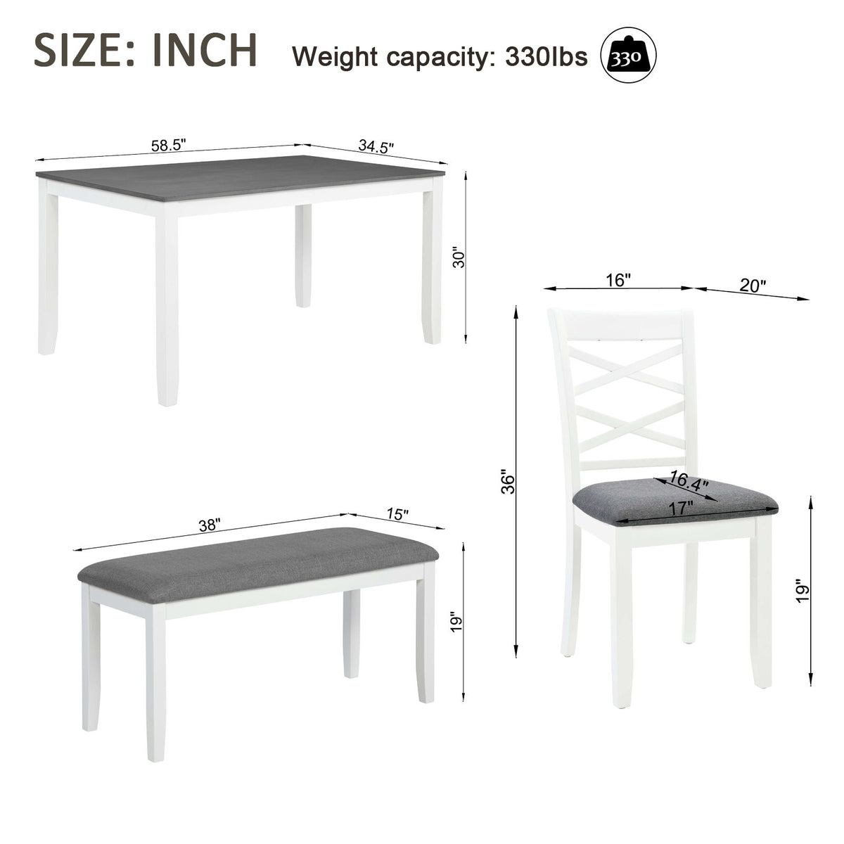 Elegant 6 Piece Dining Table Set With 4 Chairs And Bench