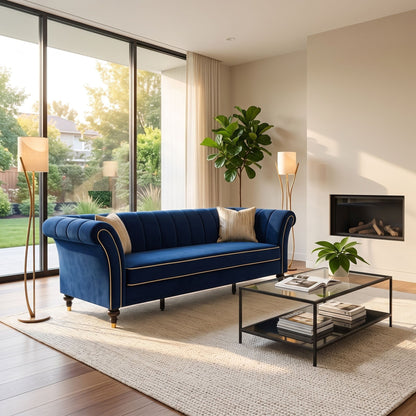 3 Seater Sofa With Rolled Arms, Vertical Channel Tufted Backrest