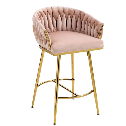 Counter Height Bar Stools Kitchen Island Counter Bar Stool With Hand - Wave Back, Golden Chromed Base And Footrest (Set of 2) - Pink