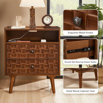 Nightstand With Charging Station, 2 Drawer Bedside Table With Shelf And USB / AC Ports