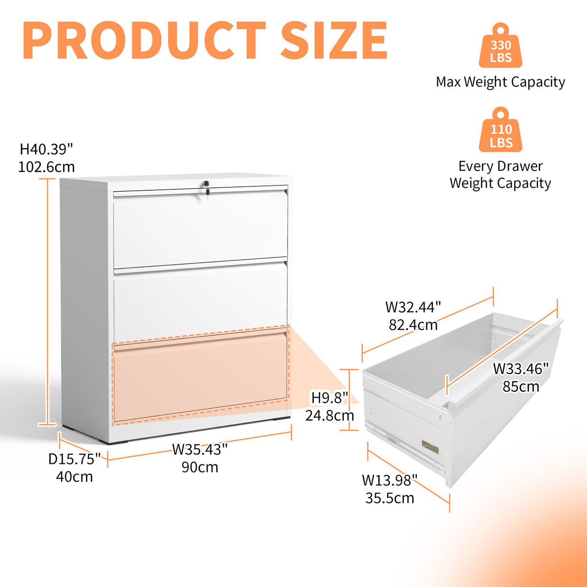 Lateral File Cabinet, Locking Heavy Duty, Anti-Tip Safety Interlock, Vertical Storage For Letter/Legal/A4 Files