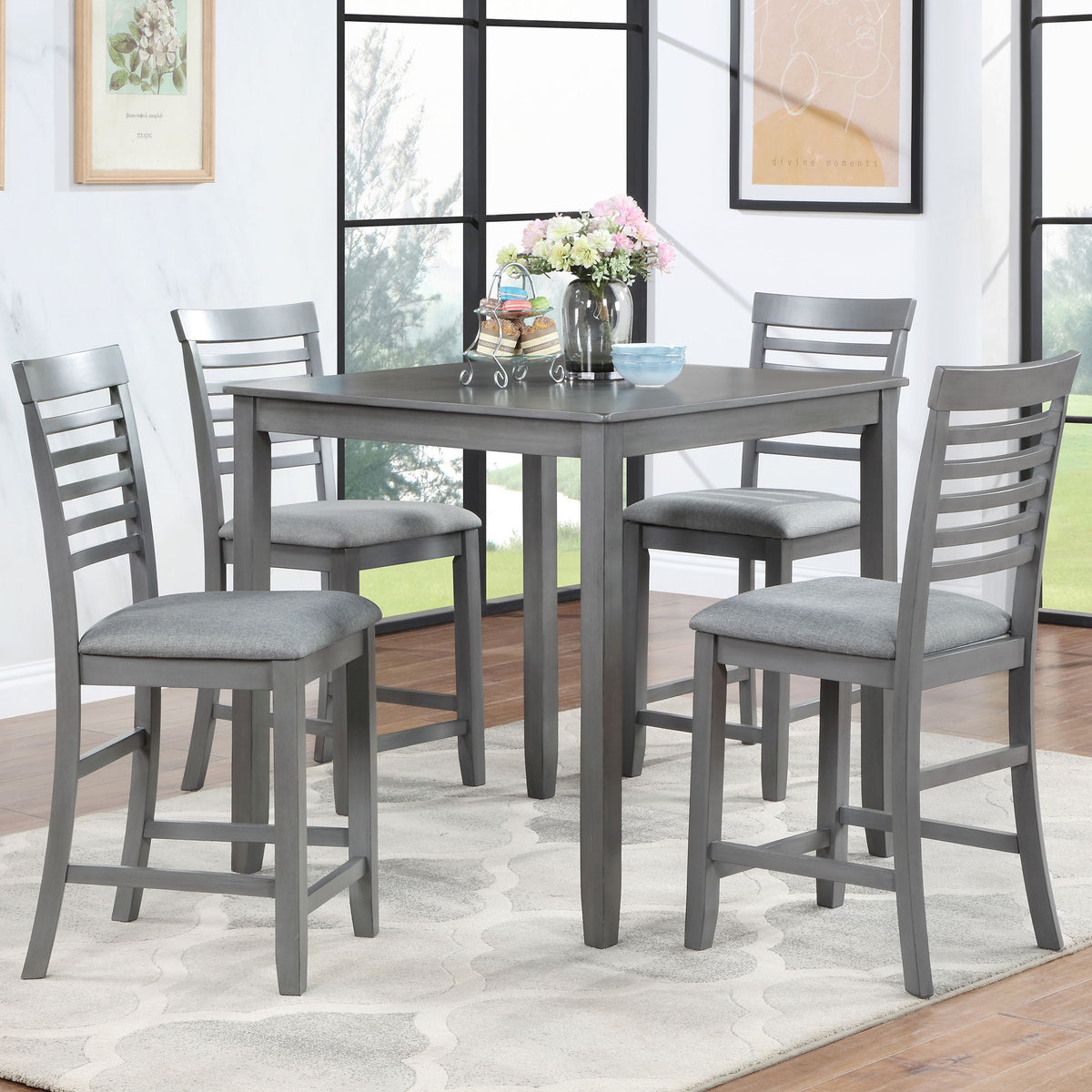 5 Piece Dining Table Set, Wooden Dining Square Table Set For 4, Counter Height Kitchen Table Set With Square Table And 4 Upholstered Chairs - Gray
