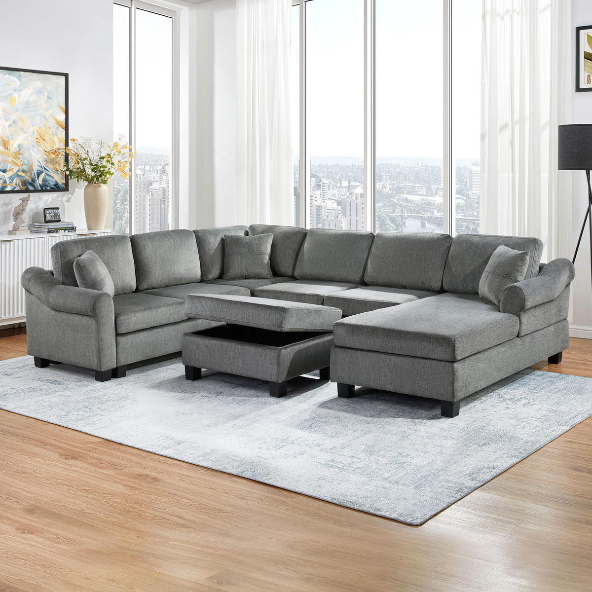 Contemporary U - Shaped Sectional Sofa With Movable Storage Ottoman