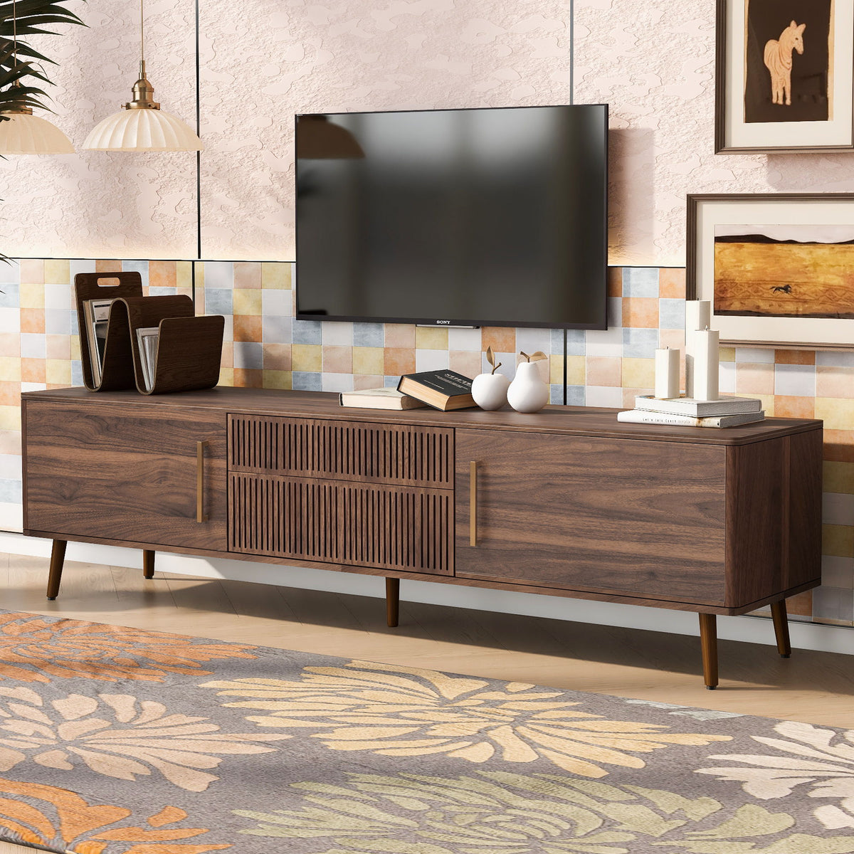 TV Stand With 2 Drawers, Media Console Table For TVs Up To 80'' For Living Room - Walnut