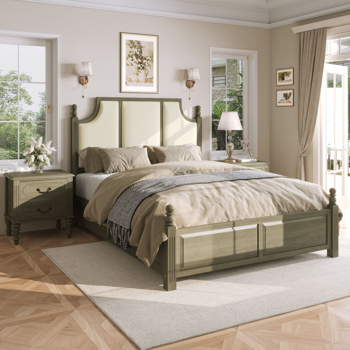Farmhouse Platform Bed Frame With Tall Linen Upholstered Headboard